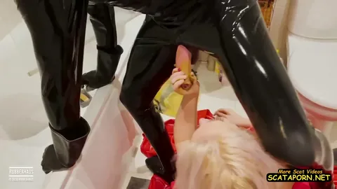 Filthy rubber girl eats shit and receives a face load of cum - Fboom - RubberHaus